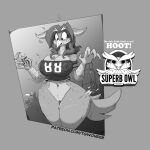 1:1 advertisement anthro avian beak beverage_can big_breasts bird bottomless breasts clothed clothing expansion female front_view gender_transformation genitals greyscale hi_res hip_expansion human_to_anthro monochrome mtf_transformation nipple_outline owl pussy scuted_arms scutes solo species_transformation standing tgwonder thick_thighs transformation wide_hips
