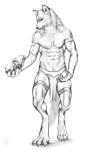 abs anthro bottomwear canid clothed clothing front_view full-length_portrait hair hi_res holding_skull khyaber loincloth male mammal monochrome mouth_closed navel pecs portrait solo standing topless