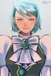  1girl ace_attorney black_vest blue_hair brown_eyes closed_mouth crying crying_with_eyes_open earrings franziska_von_karma highres jewelry juliet_sleeves long_sleeves looking_at_viewer mole mole_under_eye phoenix_wright:_ace_attorney_-_justice_for_all puffy_sleeves rat_nkmi short_hair solo tears twitter_username upper_body vest 