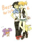  2girls a-rinko bag blue_eyes bow cosplay denim denim_shorts fingerless_gloves gen_1_pokemon gloves hair_bow hand_on_shoulder handbag iris_(pokemon) kasumi_(pokemon) long_hair low-tied_long_hair multiple_girls orange_hair pikachu pokemon pokemon_(anime) pokemon_(classic_anime) pokemon_(creature) pokemon_bw_(anime) purple_hair satoshi_(pokemon) short_hair short_shorts shorts side_ponytail smile touko_(pokemon) touko_(pokemon)_(cosplay) tri_tails two_side_up very_long_hair 