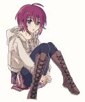  1girl ahoge black_leggings boots brown_hoodie casual cyaninefinch gundam gundam_seed gundam_seed_destiny gundam_seed_freedom highres hood hoodie hugging_own_legs leggings looking_at_viewer lunamaria_hawke purple_eyes purple_hair short_hair sitting skirt white_background 