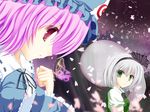  abejunabe bad_id bad_pixiv_id bad_proportions blush cherry_blossoms ghost green_eyes hairband hat japanese_clothes konpaku_youmu konpaku_youmu_(ghost) long_hair multiple_girls petals pink_eyes pink_hair saigyouji_yuyuko short_hair silver_hair touhou 