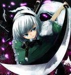  akai_ronii bad_id bad_pixiv_id black_hairband blue_eyes bow foreshortening hairband konpaku_youmu konpaku_youmu_(ghost) solo sword touhou weapon white_hair 