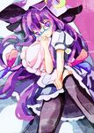  :&lt; bad_id bad_pixiv_id bespectacled colored_eyelashes cuddling eyelashes glasses hat no_nose patchouli_knowledge pillow short_sleeves solo thighhighs touhou tulaca_(pixiv) 