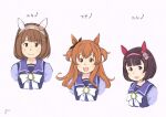  3girls black_hair brown_hair chii-kun_(seedyoulater) hair_between_eyes hair_ornament headband highres horse_girl long_hair looking_at_viewer mayano_top_gun_(umamusume) medium_hair multiple_girls nishino_flower_(umamusume) open_mouth orange_hair portrait purple_eyes ribbon school_uniform smile umamusume white_background x_hair_ornament yukino_bijin_(umamusume) 