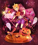  :d animal_ears blonde_hair blue_eyes boots bug buttons cape fangs ghost glowing halloween kagamine_len male_focus moon open_mouth ponytail pumpkin shorts silk smile solo spider spider_web staff star tail vocaloid wand werewolf wolf_ears wolf_tail 