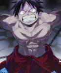  1boy abs angry black_eyes black_hair chain cowboy_shot highres looking_up male_focus monkey_d._luffy mrjieshisu muscular muscular_male nipples one_piece restrained scar scar_on_cheek scar_on_chest scar_on_face short_hair solo topless_male v-shaped_eyebrows 