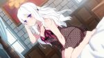  ahoge bed bedroom breasts closed_mouth inma large_breasts lingerie long_hair non-web_source on_bed purple_eyes sakura_mmo see-through seiza sitting thong underwear viola_(sakura_mmo) white_hair 
