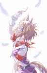  animal_ears biko_pegasus_(umamusume) blue_eyes blurry blurry_background blush bow brown_hair depth_of_field ear_ornament feathers from_side fxtsr hair_ornament highres horse_ears horse_girl horse_tail jacket long_hair shirt short_hair short_sleeves tail twintails umamusume 