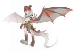  1boy absurdres barefoot blue_eyes child claws dragon_boy dragon_horns dragon_tail dragon_wings fins from_behind highres horns kemonomimi_mode lirenans looking_down male_focus navel original pointy_ears red_hair scales solo tail tattoo toes white_background wings 
