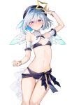  1girl absurdres amane_kanata arm_up bare_shoulders beret bikini blue_bikini blue_hair blue_headwear blush breasts closed_mouth colored_inner_hair commentary_request eme_(emeralda) feet_out_of_frame gradient_wings grey_hair hair_between_eyes halo hat highres hololive looking_at_viewer mini_wings multicolored_hair multicolored_wings o-ring o-ring_bottom plaid_headwear purple_eyes short_hair simple_background single_hair_intake small_breasts smile solo star_halo swimsuit variant_set virtual_youtuber white_background white_wings wings yellow_halo 