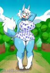 animal_crossing anthro big_breasts big_butt blue_body blue_fur bluebambo blush breasts butt canid canine canis clothed clothing dress female fur hair hands_behind_head hi_res huge_breasts huge_butt mammal nintendo skye_(animal_crossing) solo sundress tail thick_thighs white_hair wide_hips wolf