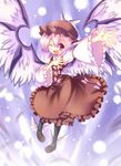  animal_ears cicin dress earrings hat highres jewelry mystia_lorelei one_eye_closed open_mouth pink_hair purple_eyes shoes short_hair solo touhou winged_shoes wings 