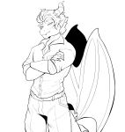anthro belt biped bottomwear claws clothed clothing crossed_arms dragon dress_shirt eyebrows fingers hair hi_res horn male membrane_(anatomy) membranous_wings monochrome munkeesgomu pants scalie shirt solo tail topwear western_dragon wings