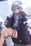  1girl absurdres amane_kanata amane_kanata_(6th_costume) belt_collar black_hoodie black_shorts blue_eyes blue_hair blue_halo blue_sky character_print cloud cloudy_sky collar colored_inner_hair commentary_request grey_hair halo hand_up heart_o-ring highres hololive hood hood_down hoodie kato_yuurina long_hair long_sleeves looking_at_viewer mini_wings multicolored_hair o-ring o-ring_thigh_strap open_clothes open_hoodie outdoors parted_lips self_character_print shirt shorts signature single_fishnet_legwear sitting sky socks solo star_halo streaked_hair thigh_strap virtual_youtuber white_shirt white_socks wings 