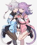  2girls animal_ears black_pantyhose blue_eyes cat_ears cat_girl cat_tail facial_mark final_fantasy final_fantasy_xiv heart heart_hands heart_hands_duo heterochromia highres holding_hands itsui_(dihydrogenmonoxid) long_hair looking_at_viewer miqo&#039;te multiple_girls open_mouth pantyhose ponytail purple_eyes purple_hair shorts standing standing_on_one_leg tail warrior_of_light_(ff14) whisker_markings white_background white_hair yellow_eyes 