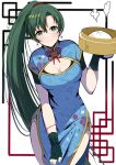  baozi blue_dress bracelet breasts china_dress chinese_clothes chinese_knot cleavage cleavage_cutout clothing_cutout dress earrings fe135700 fire_emblem floral_print food gloves gold_trim green_eyes green_hair high_ponytail highres jewelry long_hair looking_at_viewer lyn_(fire_emblem) medium_breasts partially_fingerless_gloves side_split simple_background smile steam thighs very_long_hair 