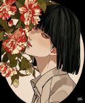  1boy absurdres black_border black_eyes black_hair blunt_bangs blunt_ends bob_cut border branch collared_shirt flower from_side hair_behind_ear head_tilt highres kagoya1219 looking_at_viewer looking_to_the_side male_focus original outside_border parted_lips plant portrait red_flower shirt signature solo straight_hair white_background white_shirt 