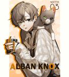  1boy :p alban_knox animal_on_shoulder black_eyes brown_hair cat cat_on_shoulder cup earrings from_side green_eyes heterochromia highres holding holding_cup jewelry long_sleeves looking_at_viewer male_focus migo45 mug nijisanji nijisanji_en short_hair solo tongue tongue_out upper_body 