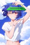  1girl ;d blue_hair blue_sky bracelet bug_box cloud collarbone day grin highres holding jewelry looking_at_viewer midriff navel one_eye_closed original outdoors parted_lips red_eyes reiji-rj shirt short_hair short_sleeves sky smile upper_body water white_shirt 