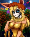 2019 absurd_res anthro blonde_hair blue_eyes bodypaint breasts chest_tuft cleavage clothed clothing day_of_the_dead decoration dress eeveelution face_paint female flareon flower flower_crown fluffy_ears full_moon fur generation_1_pokemon gold_dress hair hand_on_breast headgear headwear hi_res holidays koriand_wildfire long_ears long_hair looking_at_viewer makeup moon night nintendo orange_body orange_fur outside plant pokemon pokemon_(species) pokemorph pose skull_face_paint solo star tuft tutifruti_(artist)