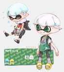  1boy black_pants blue_hair closed_eyes green_eyes green_shirt grey_socks ink_tank_(splatoon) inkling_boy inkling_player_character multiple_views musical_note pants pointy_ears print_shirt sandals shirt short_hair simple_background sitting smallfry_(splatoon) smile socks spl8ya splashtag_(splatoon) splatoon_(series) splatoon_3 standing teeth tentacle_hair white_background white_hair yellow_footwear 