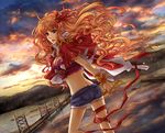  amano_(tsubakicome) blonde_hair blue_eyes breasts bridge cleavage earrings hair_ribbon jewelry long_hair looking_back macross macross_frontier macross_frontier:_itsuwari_no_utahime medium_breasts microphone ribbon sheryl_nome shorts single_earring solo 