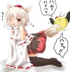  all_fours animal_ears biting black_legwear blush brown_eyes cosplay detached_sleeves efe face hat holding_another's_tail inubashiri_momiji ninin_ga_shinobuden onsokumaru pun shameimaru_aya shameimaru_aya_(cosplay) short_hair tail tail_grab tailjob tears thighhighs tokin_hat touhou white_hair wince wings wolf_ears wolf_tail zettai_ryouiki 