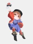 1girl :3 ankle_boots apple apple_(reverse:1999) arm_up black_bow black_bowtie black_footwear blue_dress blue_neckerchief boots bow bowtie brown_hair cabbie_hat chibi dress facing_up food fruit full_body grey_background hand_on_own_hip hand_up hat index_finger_raised jacket limelemons27 long_sleeves looking_at_viewer looking_down neckerchief open_clothes open_jacket orange_eyes polka_dot_neckerchief puffy_long_sleeves puffy_sleeves red_jacket red_thighhighs regulus_(reverse:1999) reverse:1999 short_dress short_hair solo thighhighs traditional_bowtie 