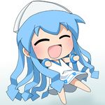  :d ^_^ blue_hair chibi closed_eyes hat ikamusume kono1 long_hair lowres mini-ikamusume open_mouth shinryaku!_ikamusume smile solo tentacle_hair 