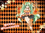  autumn checkered checkered_background choker corset dress flower green_eyes green_hair hair_flower hair_ornament halloween happy_halloween hatsune_miku jack-o'-lantern kagetsu_too legs long_hair orange_flower orange_rose pumpkin red_flower red_rose ribbon rose sitting solo twintails very_long_hair vocaloid 