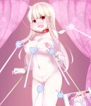  1girl absurdres bare_shoulders blonde_hair blush breasts censored cleavage collarbone commission highres large_breasts long_hair looking_at_viewer maplestory navel nipples open_mouth red_eyes solo tkfkd780 