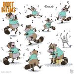 1:1 2020 anthro biped brown_body clothing concept_art dancing daniel_fernandez_casas eyes_closed machine male mammal official_art procyonid raccoon rascal_(robot_dreams) robot robot_dreams shirt sitting slightly_chubby solo tired topwear