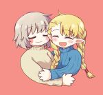  2girls :d asymmetrical_bangs black_sweater blush_stickers braid closed_mouth couple cropped_torso dungeon_meshi elf facing_viewer falin_thorden grey_hair grey_sweater hair_over_shoulder highres hug marcille_donato multiple_girls open_mouth pointy_ears red_background ribbed_sweater simple_background smile sweater turtleneck turtleneck_sweater twin_braids twintails youyan yuri 