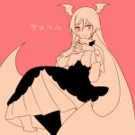  1girl aurorayok black_dress black_pantyhose demon demon_girl demon_horns dress funamusea haiiro_teien horns long_hair long_sleeves lowres own_hands_together pantyhose pink_hair raspbel_preserves sitting solo spot_color very_long_hair 