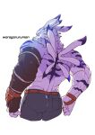 absurd_res anthro asiahao520 bandai_namco bottomwear clothing digimon digimon_(species) hi_res male muscular muscular_anthro muscular_male pants piercing rear_view solo were weregarurumon