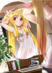  adjusting_hair ahoge armpits arms_up bathroom black_bra black_panties blonde_hair blurry bow bra breasts brushing_teeth camisole depth_of_field dutch_angle fate_testarossa hair_bow long_hair lyrical_nanoha mahou_shoujo_lyrical_nanoha mikazuki_akira! mirror mouth_hold panties plant potted_plant red_eyes reflection see-through sink small_breasts solo toothbrush toothpaste twintails underwear very_long_hair water 
