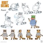 2020 anthro biped brown_body clothing concept_art daniel_fernandez_casas eyes_closed male mammal model_sheet official_art procyonid raccoon rascal_(robot_dreams) robot_dreams shirt slightly_chubby solo topwear