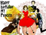  3boys bad_id bad_pixiv_id black_eyes black_hair blonde_hair blush_stickers bob_cut bouquet breasts cake character_request cream_puff cup doughnut dress durarara!! flower food formal happy_birthday kida_masaomi large_breasts multiple_boys mura no_eyewear one_eye_closed red_flower red_rose rose ryuugamine_mikado short_hair sonohara_anri suit teacup teapot tray tuxedo vest waiter 