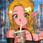  1girl black_shirt blonde_hair blurry blurry_background braid bubble_tea choker city cup disposable_cup drink drinking drinking_straw drinking_straw_in_mouth dungeon_meshi green_eyes holding holding_cup l.k marcille_donato multiple_braids outdoors pointy_ears red_choker retro_artstyle shirt solo 