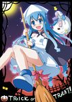  1girl blue_eyes blue_hair bracelet broom c.r. candy cape commentary_request detached_sleeves food halloween hat ikamusume jack-o'-lantern jewelry long_hair prehensile_hair pumpkin riding sack shinryaku!_ikamusume solo trick_or_treat 