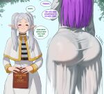  2girls =_= anger_vein ass ass_focus belt black_belt blush book capelet closed_mouth commentary dot_nose dress elf english_commentary english_text fern_(sousou_no_frieren) flying_sweatdrops frieren gold_trim grey_hair head_out_of_frame highres holding holding_book huge_ass long_hair long_sleeves multiple_girls paid_reward_available pantylines parted_bangs pointy_ears purple_hair shirt short_eyebrows sidelocks skirt smile sousou_no_frieren speech_bubble striped_clothes striped_shirt superbusty sweatdrop thick_eyebrows twintails white_capelet white_dress white_skirt wide_hips 