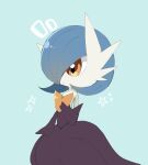  1girl alternate_color bare_shoulders black_dress black_gloves blue_background blue_hair bob_cut chokko closed_mouth colored_skin commentary_request dress elbow_gloves english_commentary flat_chest flat_color gardevoir gloves hair_over_one_eye hand_up happy highres long_dress mega_gardevoir mega_pokemon mixed-language_commentary notice_lines one_eye_covered orange_eyes partial_commentary pokemon pokemon_(creature) shiny_pokemon short_hair simple_background smile solo sparkle standing star_(symbol) strapless strapless_dress white_skin 