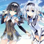 2girls aqua_eyes beach black_hair blue_eyes blue_sky breasts character_request cowboy_shot cross date_a_live detached_sleeves english_text highres inverted_cross kybling_kb medium_breasts multiple_girls nibelcol nun outdoors short_hair sky thighhighs v white_hair 