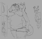 angry annoyed anthro appliance beastars bedroom_eyes belly big_belly canid canine canis chugging clothed clothing deer duo fridge hand_in_underwear hi_res kitchen_appliance legoshi_(beastars) louis_(beastars) male mammal milk monochrome moobs narrowed_eyes obese obese_male overweight overweight_male riece_ranchoa seductive sketch stuffing thick_thighs torn_clothing torn_underwear underwear underwear_only wide_hips wolf