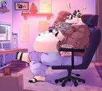 anthro belly black_body black_fur canid canine canis chair claws clothing detailed_background domestic_dog electronics fur furniture grey_hair hair hi_res hybrid jacket kofu_grizzly_chubby listening_to_music male mammal monitor music navel on_chair overweight overweight_male pubes sitting sitting_on_chair solo toe_claws topwear white_body white_fur wolf