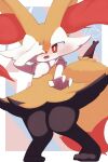  1girl animal_ear_fluff animal_ears animal_nose arm_up black_fur blush body_fur border braixen bright_pupils commentary covering_face embarrassed fang flat_chest fox_ears fox_girl fox_tail full_body furry furry_female hand_on_own_face highres knees_together_feet_apart looking_at_viewer multicolored_fur neck_fur nose_blush open_mouth outside_border outstretched_arm pigeon-toed pokemon pokemon_(creature) red_eyes sakuyan_(sakuyan1007) shy solo standing stick striped_background symbol-only_commentary tail thick_thighs thighs white_border white_fur white_pupils wide_hips yellow_fur 