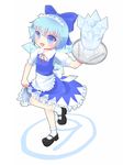  1girl apron blue_eyes blue_hair bow cirno dress hair_bow ice mamakari mary_janes shoes short_hair skirt skirt_lift solo touhou tray waitress wings 