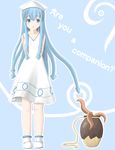  blue_eyes blue_hair dress english hat highres ikamusume long_hair octopus shinryaku!_ikamusume solo tentacle_hair tentacles yunoji_(shion) 