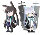 2girls ;d absurdres amiya_(arknights) animal_ear_fluff animal_ears arknights black_footwear black_jacket black_pantyhose blue_eyes brown_hair cat_ears cat_girl cat_tail closed_mouth dress flying_sweatdrops green_eyes grey_hair highres jacket jewelry long_hair long_sleeves low_ponytail multiple_girls one_eye_closed open_clothes open_jacket pantyhose ponytail puffy_long_sleeves puffy_sleeves purple_skirt rabbit_ears ring rosmontis_(arknights) shirt shoes simple_background skirt smile spam_(spamham4506) sparkle tail very_long_hair white_background white_dress white_shirt 